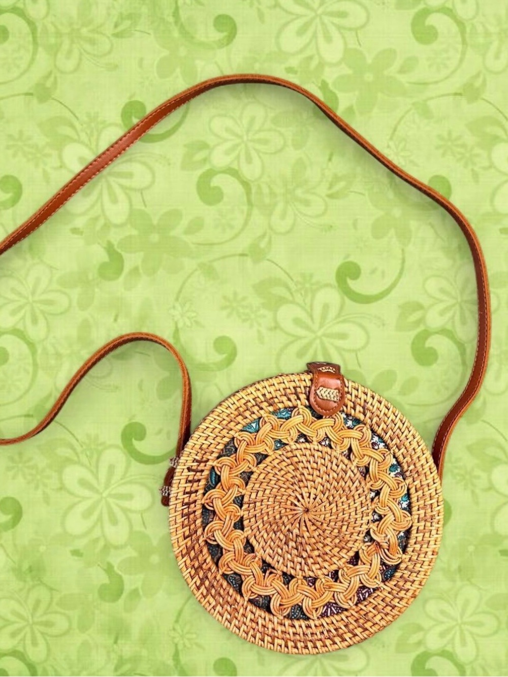 Boho Festival Woven Round Straw Crossbody Bag Tan Summer Beach